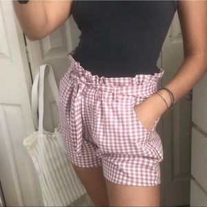 Pink gingham print paper bag shorts